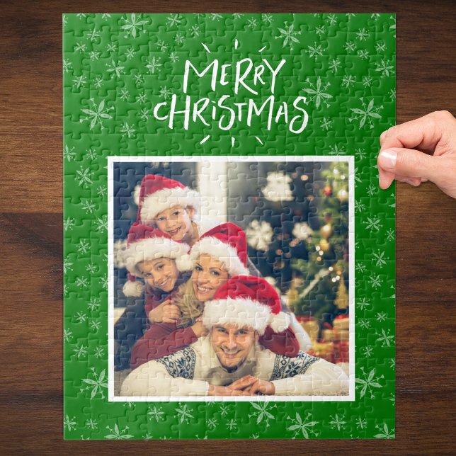 Snowflake Pattern on Green Merry Christmas Photo Jigsaw Puzzle (Creator Uploaded)