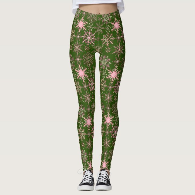 Snowflake pattern Pink D Green BG Leggings (Front)