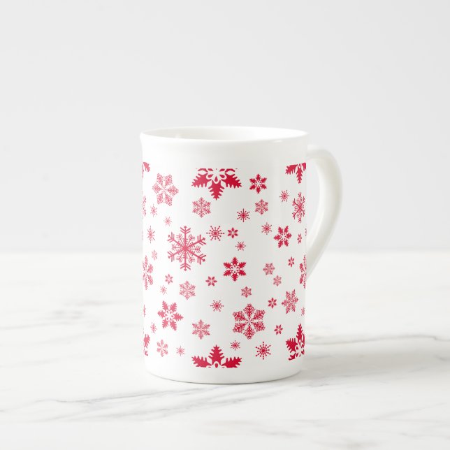 Snowflake Pattern, Red Snowflakes, Snow, White Bone China Mug (Front Right)