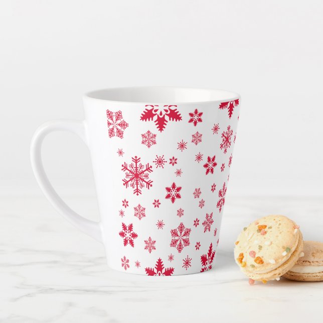 Snowflake Pattern, Red Snowflakes, Snow, White Latte Mug (In Situ)