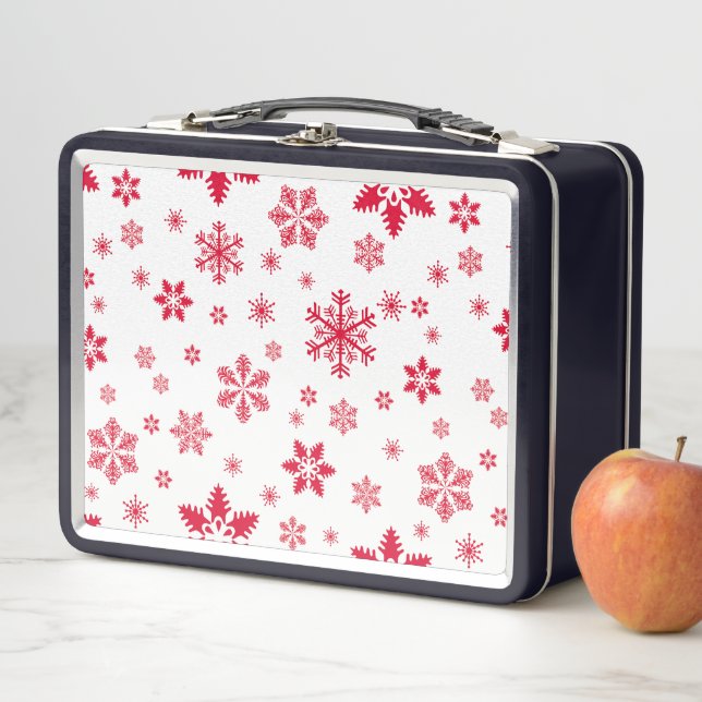 Snowflake Pattern, Red Snowflakes, Snow, White Metal Lunch Box (In Situ)