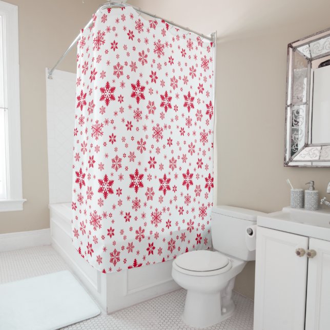 Snowflake Pattern, Red Snowflakes, Snow, White Shower Curtain (In Situ)