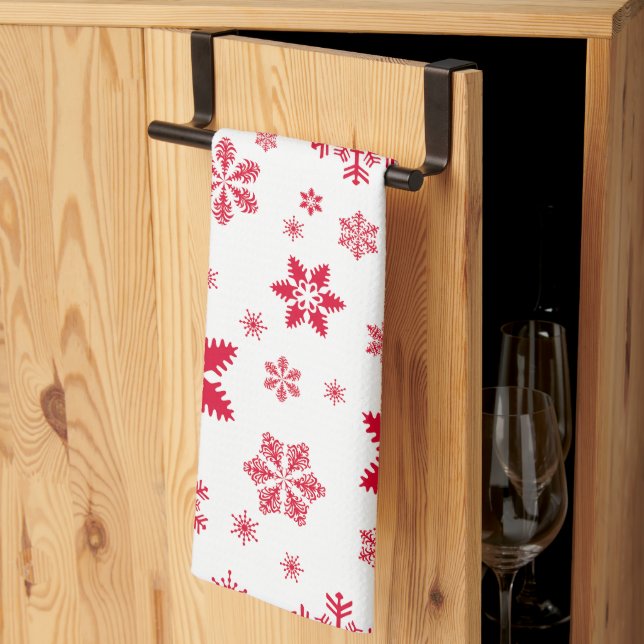 Snowflake Pattern, Red Snowflakes, Snow, White Tea Towel (Thirds Fold)