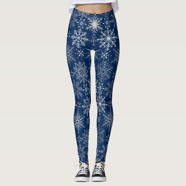 Snowflake pattern White.Dark Blue BG Leggings (Front)