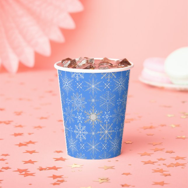 Snowflake pattern White. Light Blue BG Paper Cups (Insitu)