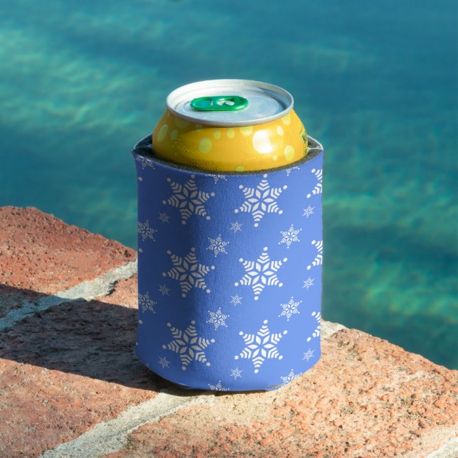 Snowflake Pattern, White Snowflakes, Snow, Blue Can Cooler (In Situ Pool)