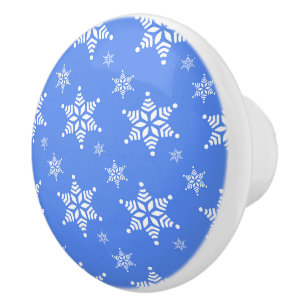 Snowflake Pattern, White Snowflakes, Snow, Blue Ceramic Knob