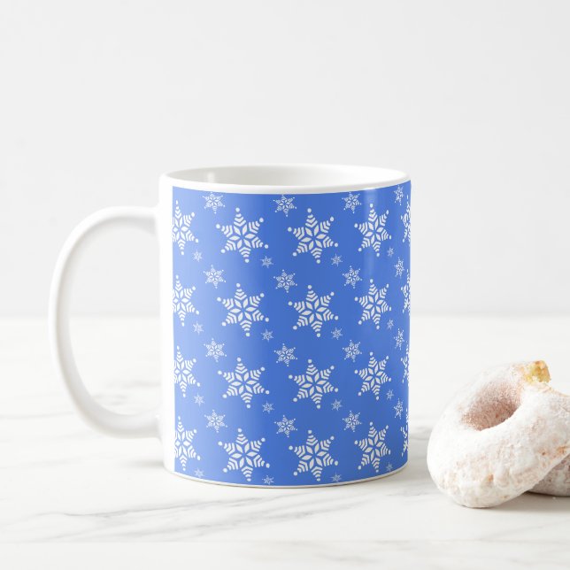 Snowflake Pattern, White Snowflakes, Snow, Blue Coffee Mug (With Donut)
