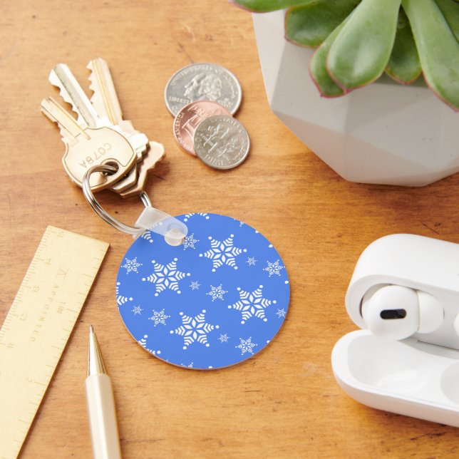 Snowflake Pattern, White Snowflakes, Snow, Blue Key Ring (Desk)