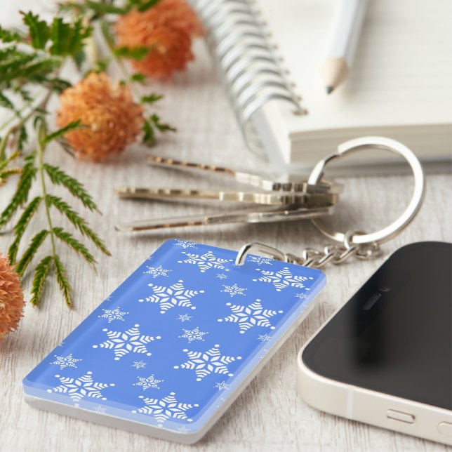 Snowflake Pattern, White Snowflakes, Snow, Blue Key Ring (Front Right)