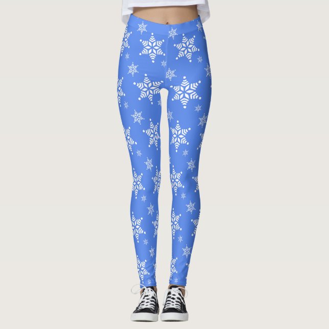 Snowflake Pattern, White Snowflakes, Snow, Blue Leggings (Front)