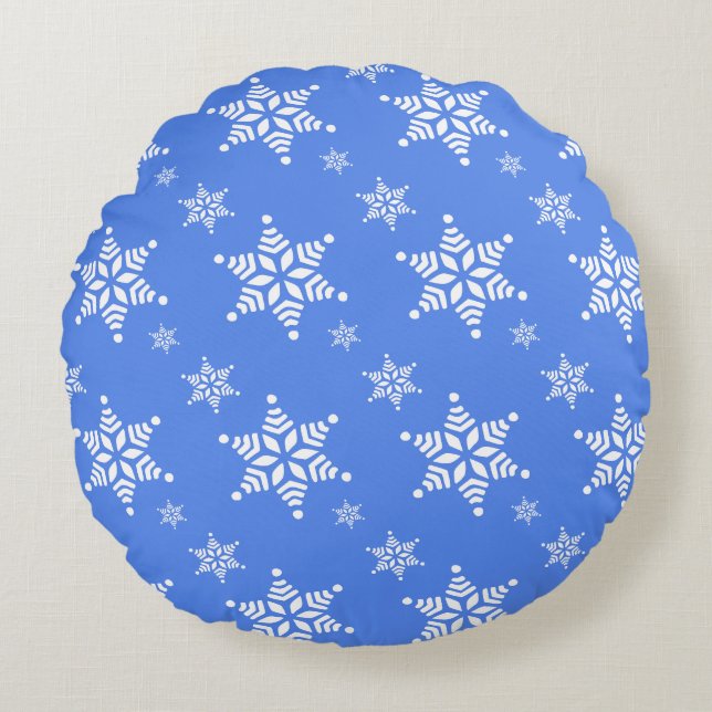 Snowflake Pattern, White Snowflakes, Snow, Blue Round Cushion (Front)