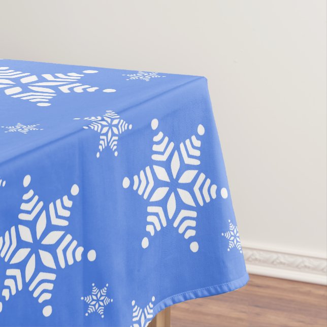 Snowflake Pattern, White Snowflakes, Snow, Blue Tablecloth (In Situ)