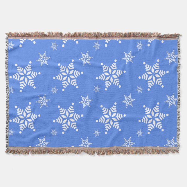 Snowflake Pattern, White Snowflakes, Snow, Blue Throw Blanket (Front)