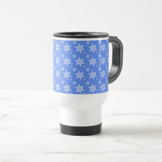 Snowflake Pattern, White Snowflakes, Snow, Blue Travel Mug (Front Right)