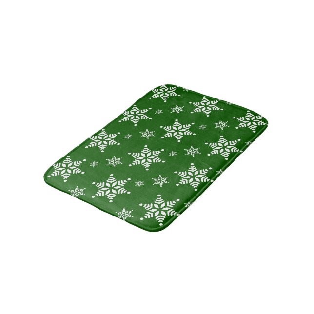 Snowflake Pattern, White Snowflakes, Snow, Green Bath Mat (Angled)