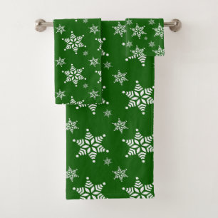 Snowflake Pattern, White Snowflakes, Snow, Green Bath Towel Set