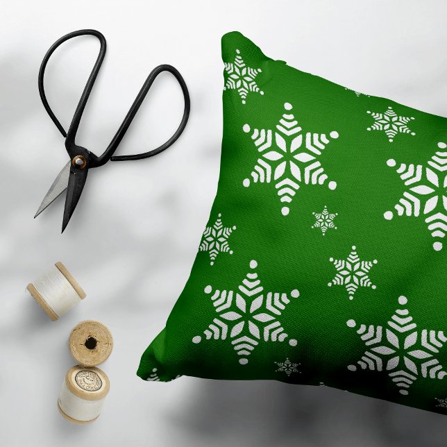Snowflake Pattern, White Snowflakes, Snow, Green Decorative Cushion (Creator Uploaded)