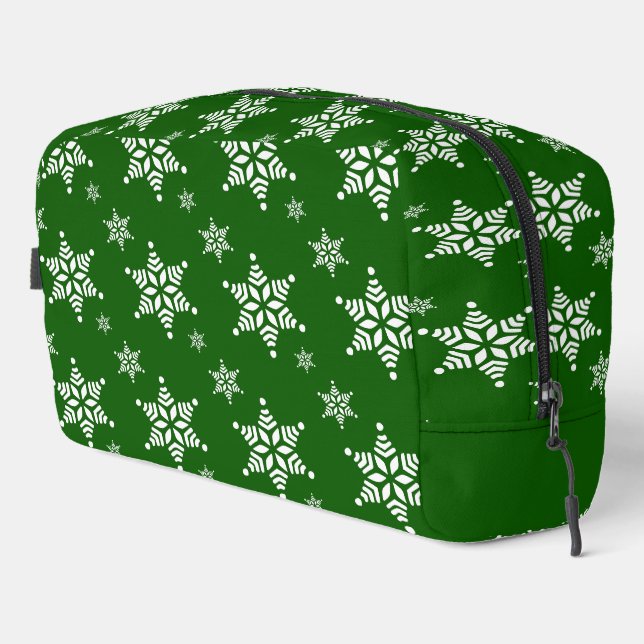 Snowflake Pattern, White Snowflakes, Snow, Green Dopp Kit (Right Corner)