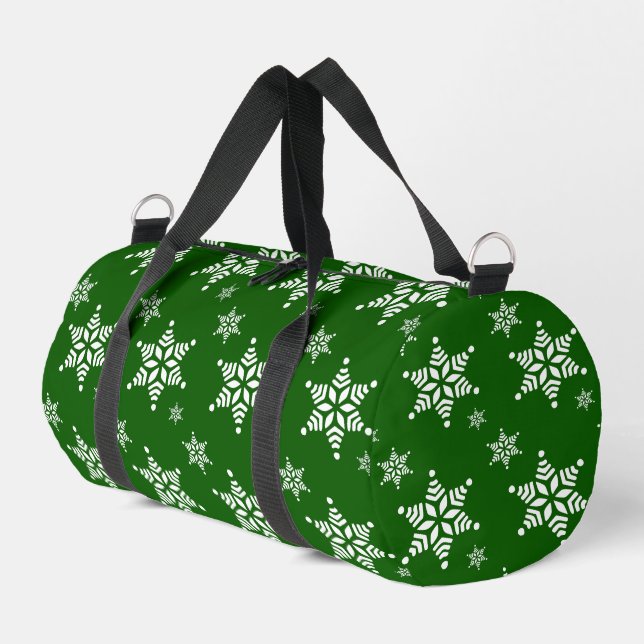 Snowflake Pattern, White Snowflakes, Snow, Green Duffle Bag (Left Corner)