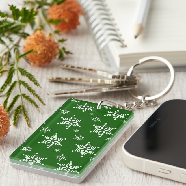 Snowflake Pattern, White Snowflakes, Snow, Green Key Ring (Front Right)
