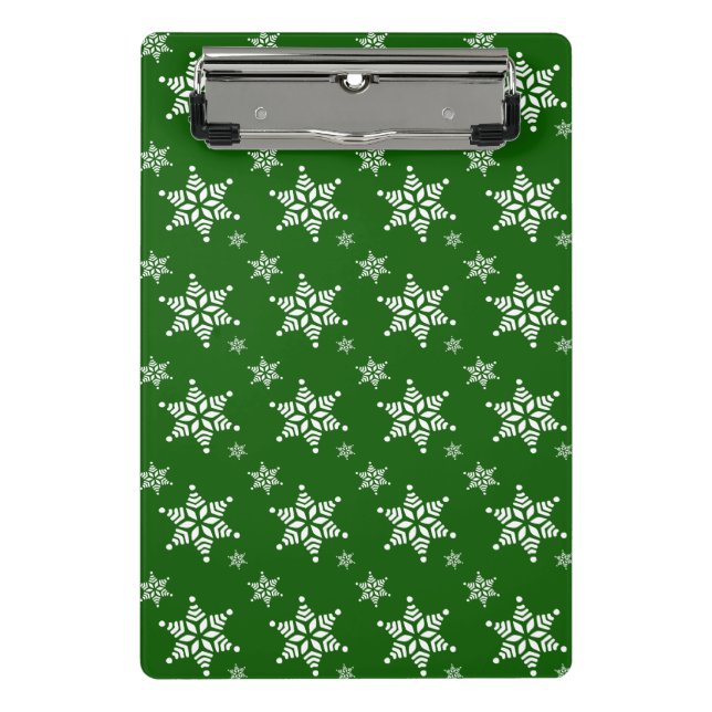 Snowflake Pattern, White Snowflakes, Snow, Green Mini Clipboard (Front)