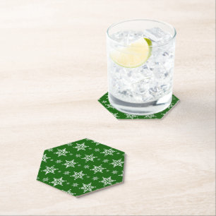Snowflake Pattern, White Snowflakes, Snow, Green Paper Coaster