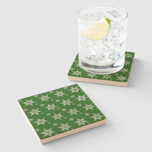 Snowflake Pattern, White Snowflakes, Snow, Green Stone Coaster