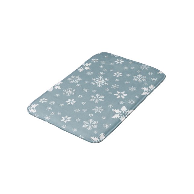 Snowflake Pattern, White Snowflakes, Snow, Grey Bath Mat (Angled)