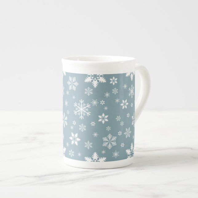 Snowflake Pattern, White Snowflakes, Snow, Grey Bone China Mug (Front Right)