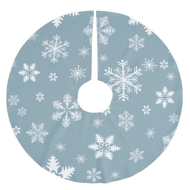 Snowflake Pattern, White Snowflakes, Snow, Grey Brushed Polyester Tree Skirt (Front)