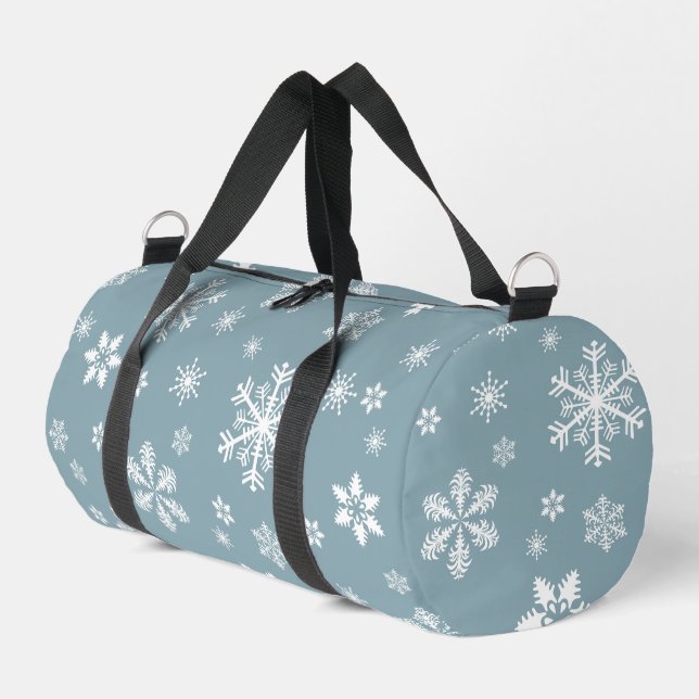 Snowflake Pattern, White Snowflakes, Snow, Grey Duffle Bag (Left Corner)