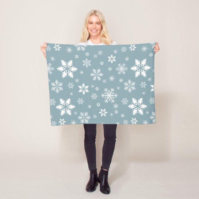 Snowflake Pattern, White Snowflakes, Snow, Grey Fleece Blanket (In Situ)