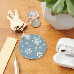 Snowflake Pattern, White Snowflakes, Snow, Grey Key Ring