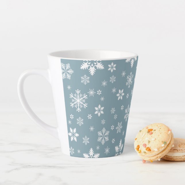 Snowflake Pattern, White Snowflakes, Snow, Grey Latte Mug (In Situ)