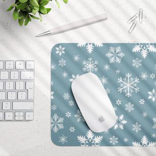 Snowflake Pattern, White Snowflakes, Snow, Grey Mouse Mat