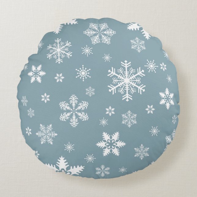 Snowflake Pattern, White Snowflakes, Snow, Grey Round Cushion (Front)