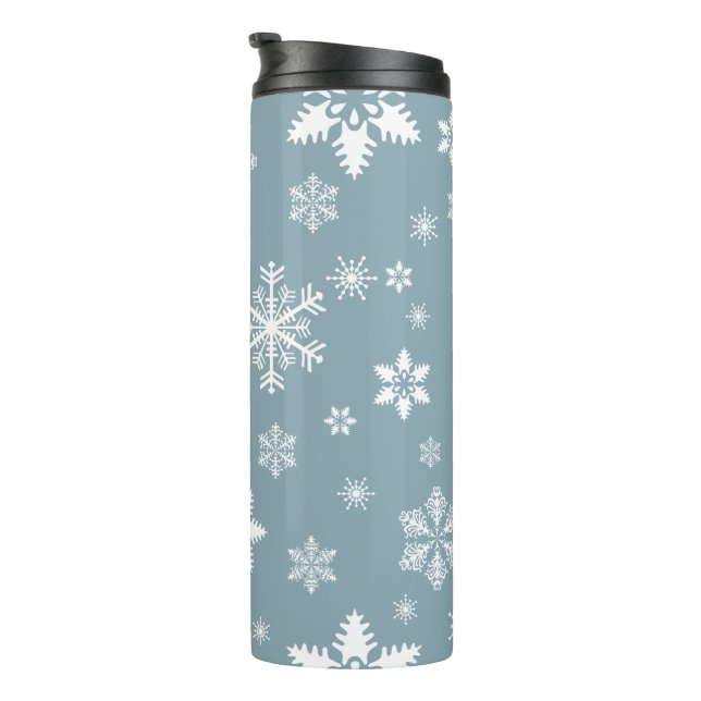 Snowflake Pattern, White Snowflakes, Snow, Grey Thermal Tumbler (Rotated Right)