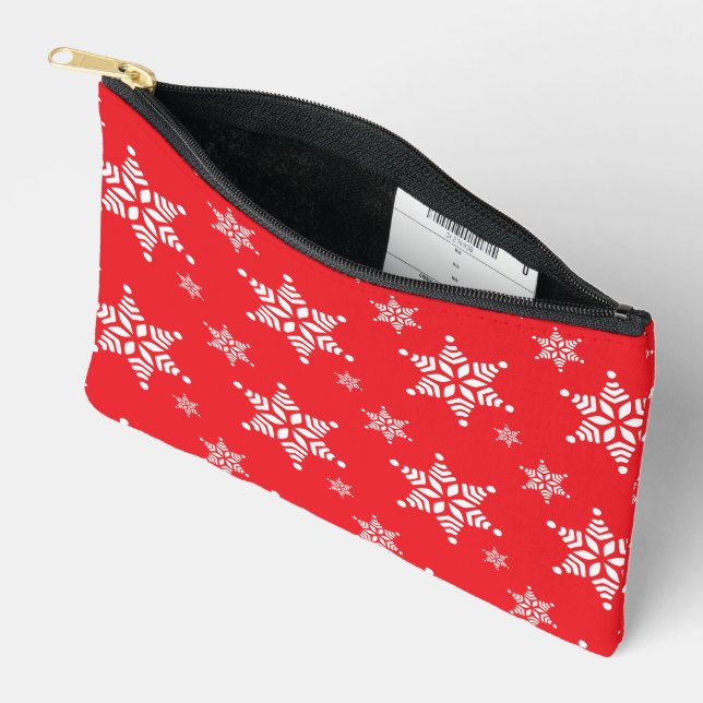 Snowflake Pattern, White Snowflakes, Snow, Red Accessory Pouch (Open)
