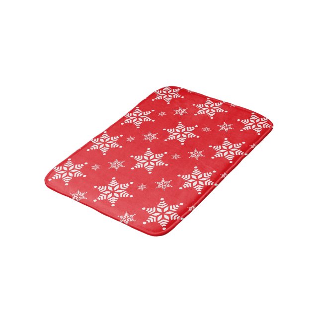 Snowflake Pattern, White Snowflakes, Snow, Red Bath Mat (Angled)