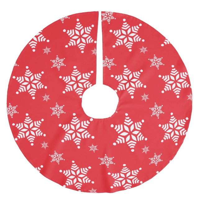 Snowflake Pattern, White Snowflakes, Snow, Red Brushed Polyester Tree Skirt (Front)