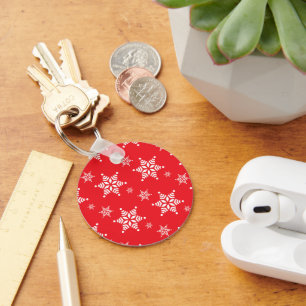 Snowflake Pattern, White Snowflakes, Snow, Red Key Ring