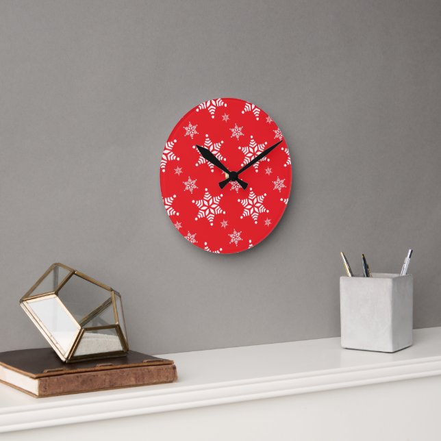 Snowflake Pattern, White Snowflakes, Snow, Red Round Clock (Office)