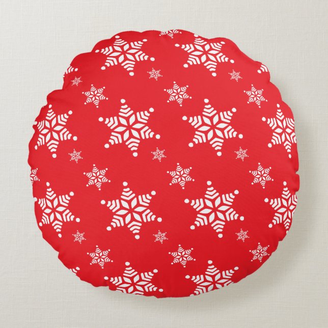 Snowflake Pattern, White Snowflakes, Snow, Red Round Cushion (Front)
