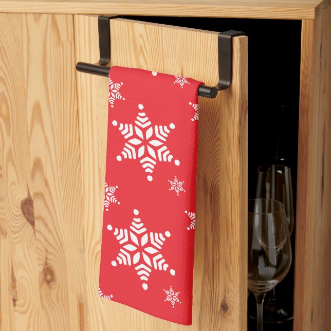 Snowflake Pattern, White Snowflakes, Snow, Red Tea Towel (Thirds Fold)