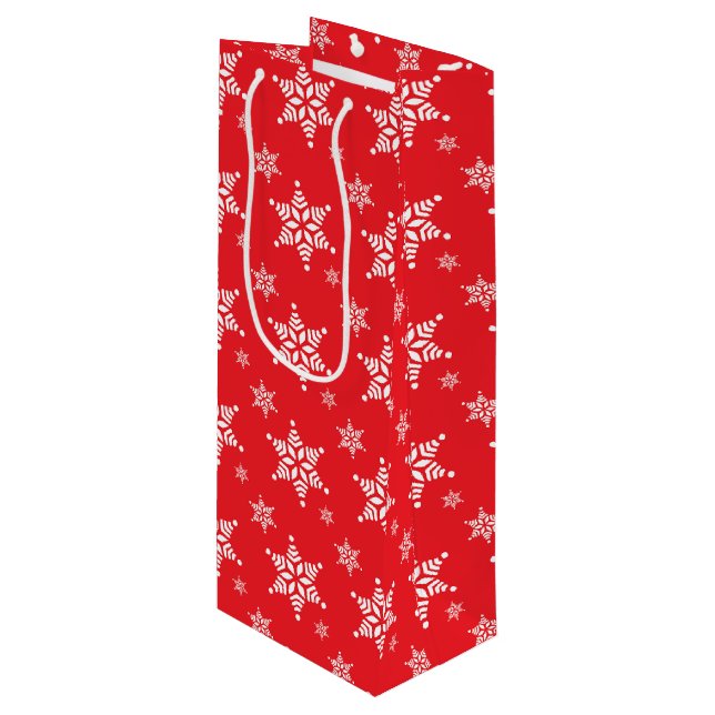 Snowflake Pattern, White Snowflakes, Snow, Red Wine Gift Bag (Front Angled)