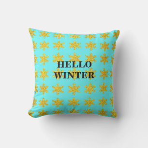 Snowflake Patterns Winter Typography Blue Golden Cushion