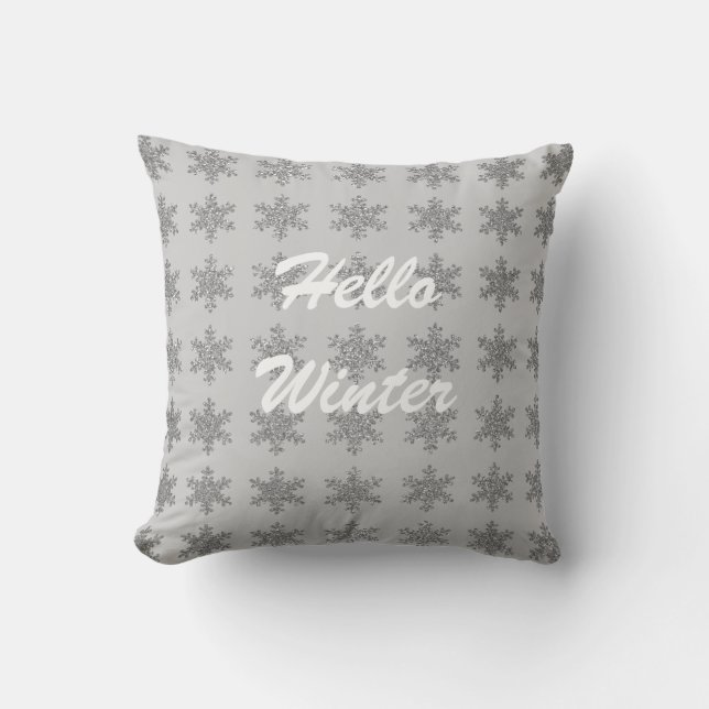 Snowflake Patterns Winter Typography Grey Sparkle Cushion (Front)