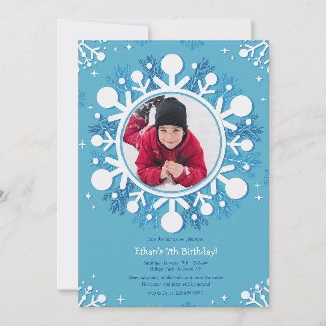 Snowflake Photo Birthday Party Invitation (Front)
