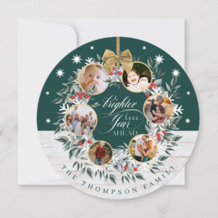 Snowflake Photo Collage Wreath Green & White Wood Holiday Card
